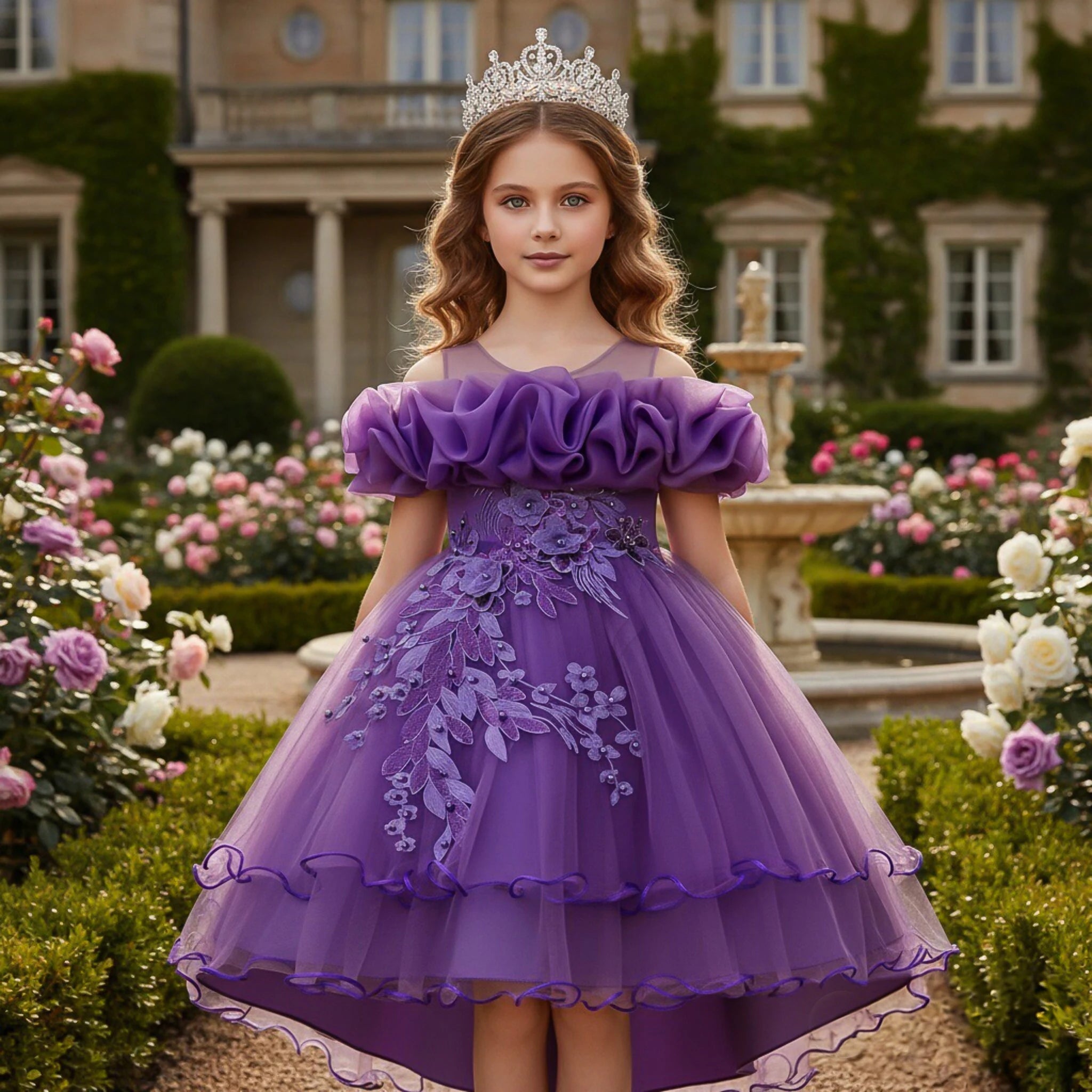 Korean Style One Shoulder Girl Wedding Gown Elegant Flower Girl Evening Dress Blue Long Tail Children's Princess Dress for 8Y