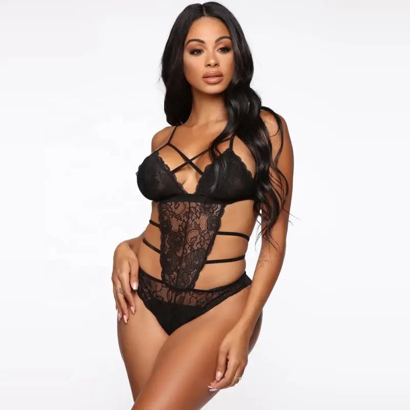 Hot Trendy Bandage Lingerie with Transparent Black Floral Lace Design on Front Satin Light Control Level