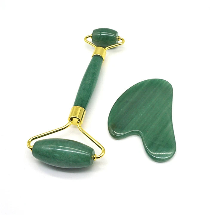100% Natural Pink Rose Quartz Green Jade Roller Gua Sha Set with Magnetic Box Package