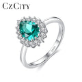 CZCITY Big Green Gemstone Silver Ring Teardrop Shaped Female Jewelry 925 Sterling Silver Ring With Gemstone