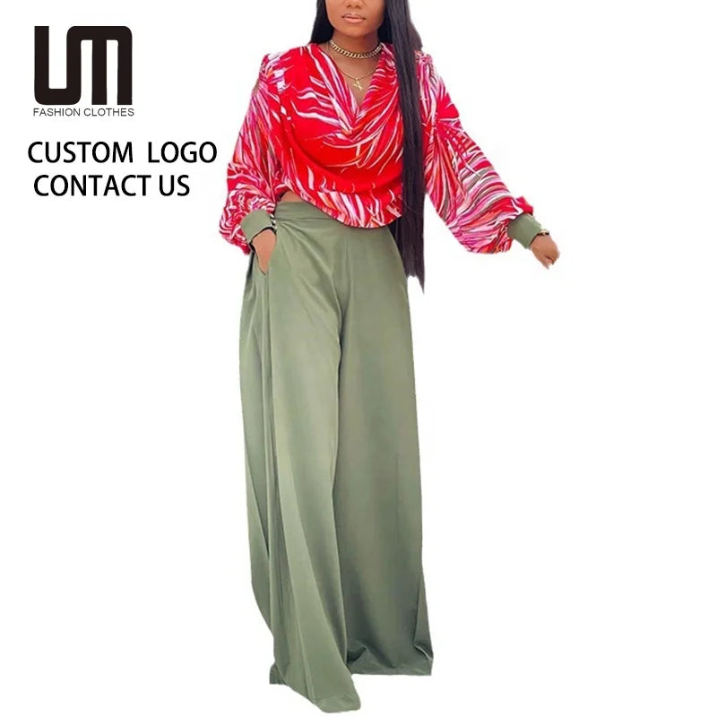 Liu Ming New Arrival 2025 Spring Fashion Casual Suit Printed Long Sleeve Tops Wide Leg Pants 2 Piece Women Set