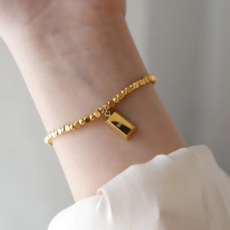 Fashion Trendy Stainless Steel square Beads Chain Gold Pendant Charm Bracelet Anklet Set Jewelry for Women