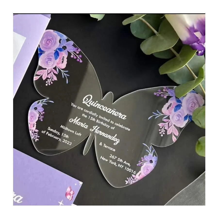 Luxury Unique Blue Pink Old Purple Rose Floral Butterfly Sweet 15 Years Acrylic Invitations Xv Quinceanera Wedding Party Events