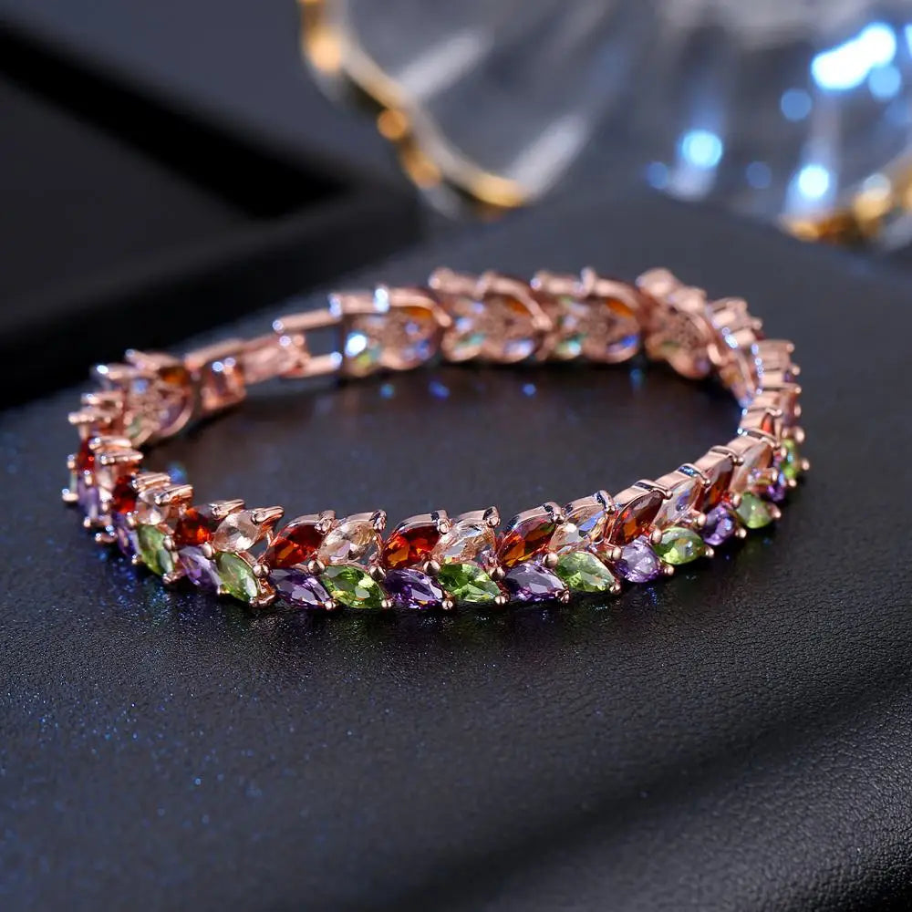 2025 New Fashion Gold Plated Copper Chain Bracelet for Women Trendy Rainbow Cube Zirconia Tennis Personality Bracelet Bridal