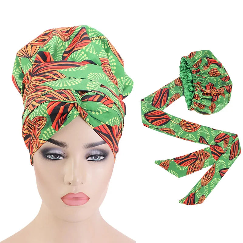 Ankara Printing Women Head Wrap Sleep Bonnet With Long Tube Tail African Lady Bonnet With Tie