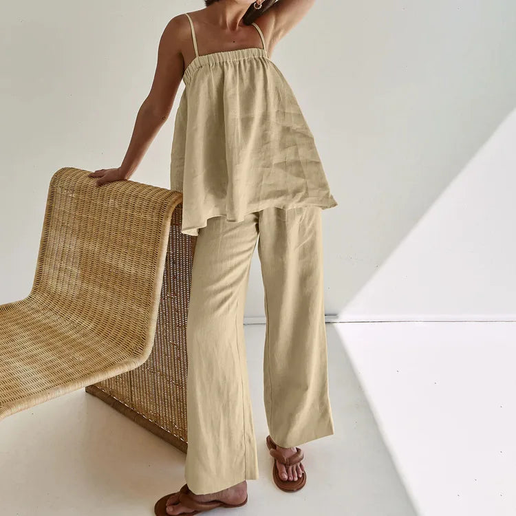 Enyami Custom Logo Chic Summer Beach Resort Khaki Woven Fabric Co Ords Sleeveless Camis Top Straight Pants 2 Pieces Set
