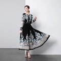 Runway Designer Women's Knee-Length Chiffon Autumn Natural Vintage Baroque Floral Print Puff Sleeve Sashes Pleated Dress