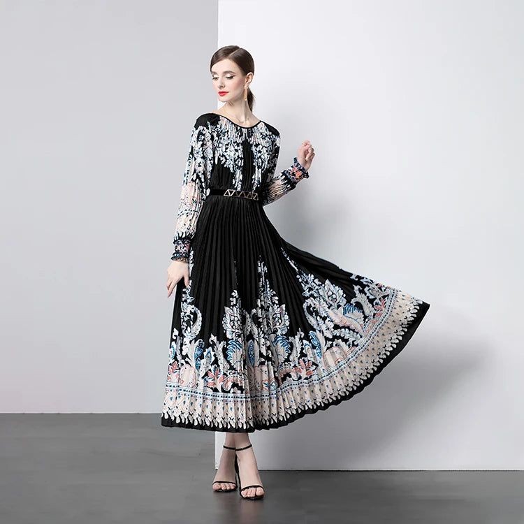 Runway Designer Women's Knee-Length Chiffon Autumn Natural Vintage Baroque Floral Print Puff Sleeve Sashes Pleated Dress