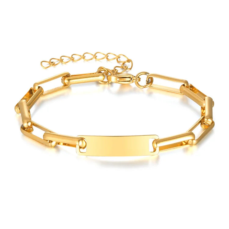 Good Quality Nickel and Lead Free Rolo Paperclips Chain Bracelets Custom logo Blank bar Stainless Steel Gold Bracelet