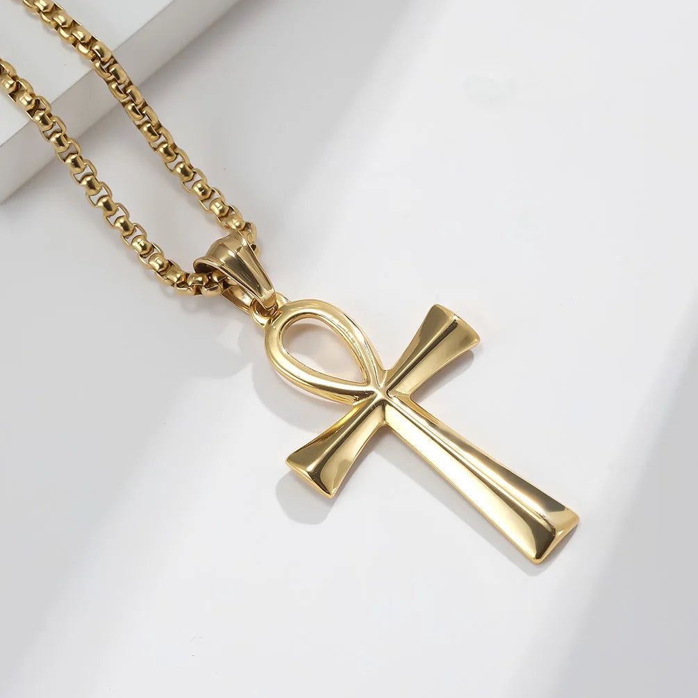 Fashion Minimalist 18k Gold Plated Stainless Steel Egypt Cross Pendant Square Pearl Chain Necklace for Man