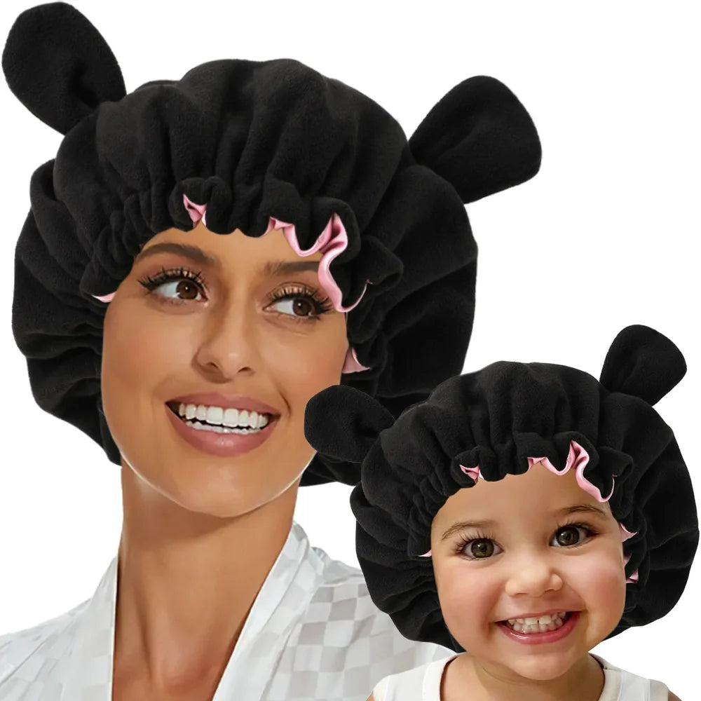 Custom Logo Baby Kids Double Layer Reversible Velvet Silk Satin Mommy and Me Bonnets Set With Horn Ear