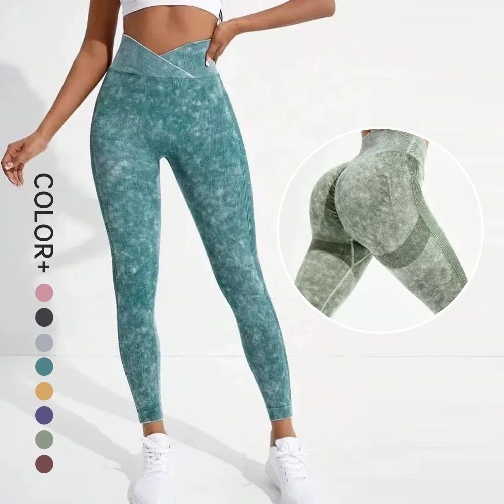 SHINBENE V Waist Seamless Sports Leggings Tie Dye Washed Scrunch Butt Training Pants Compression Leggings