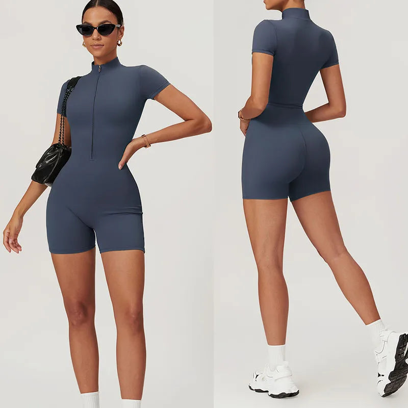 CNSHELL Custom Logo Nylon Spandex High Elastic Short Sleeve Zipper Stand Collar Yoga Fitness Running Gym Fitting Bodysuit