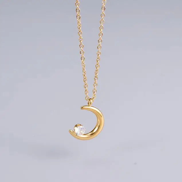Elegant 18K Gold and Stainless Steel Moon Pendant Necklace Zircon Adorned Titanium Steel Choker for Weddings