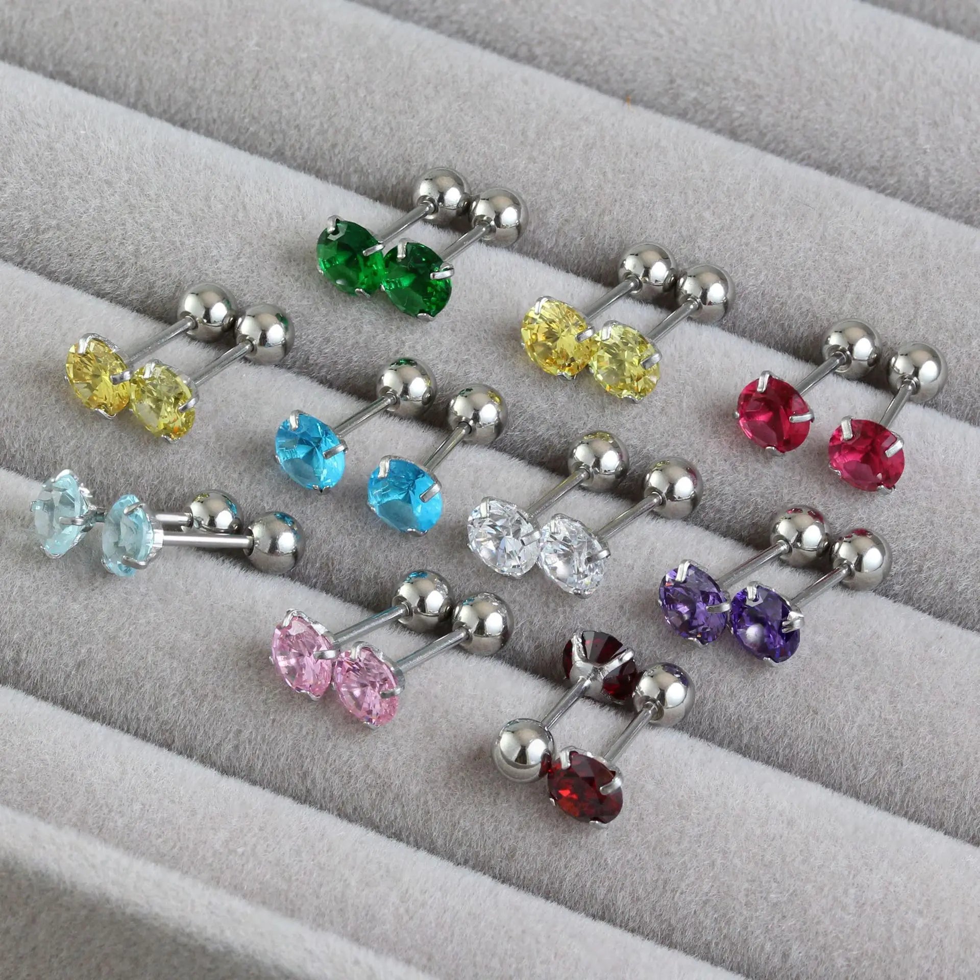 4mm 5mm 11 Color 3A Zircon Hypoallergenic 316L Stainless Steel Round Ball Screw-back Stud Earrings for Women Daily Life