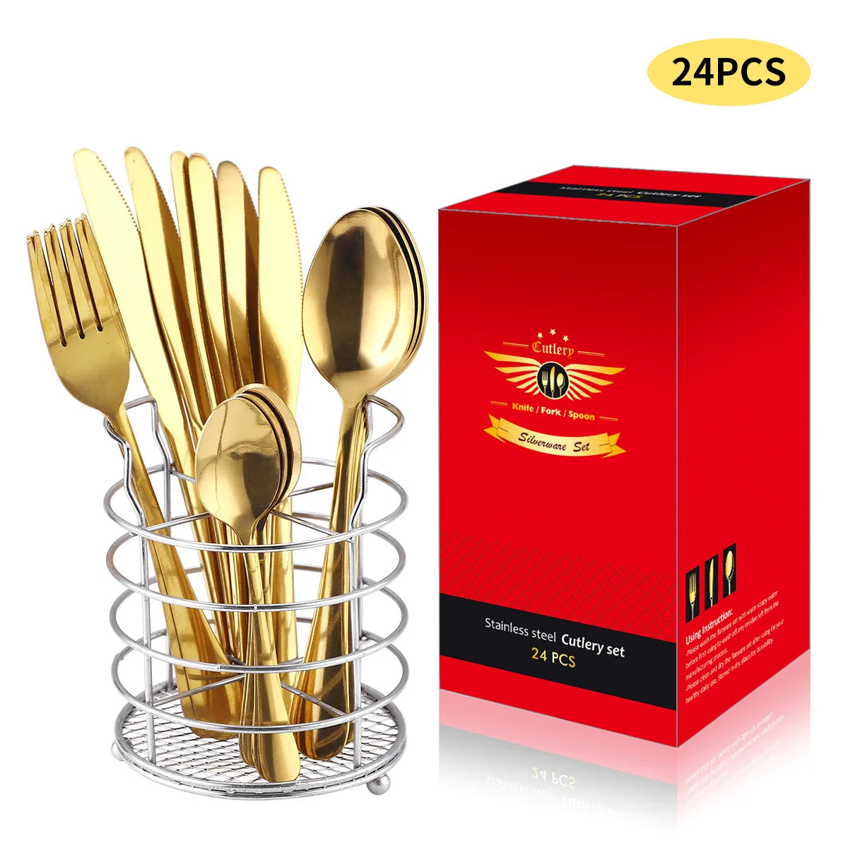 Wholesale 24 PCS High Quality Stainless Steel Vintage Silverware Cutlery Set Gold Silver Flatware Royal Design Stand Tea Parties