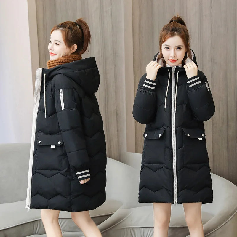 S-4XL Women's Coat Medium Length Style Loose Winter Coat Thickened Jacket Bakery Fashion Hooded Coat Snow Wear Solid Outwear
