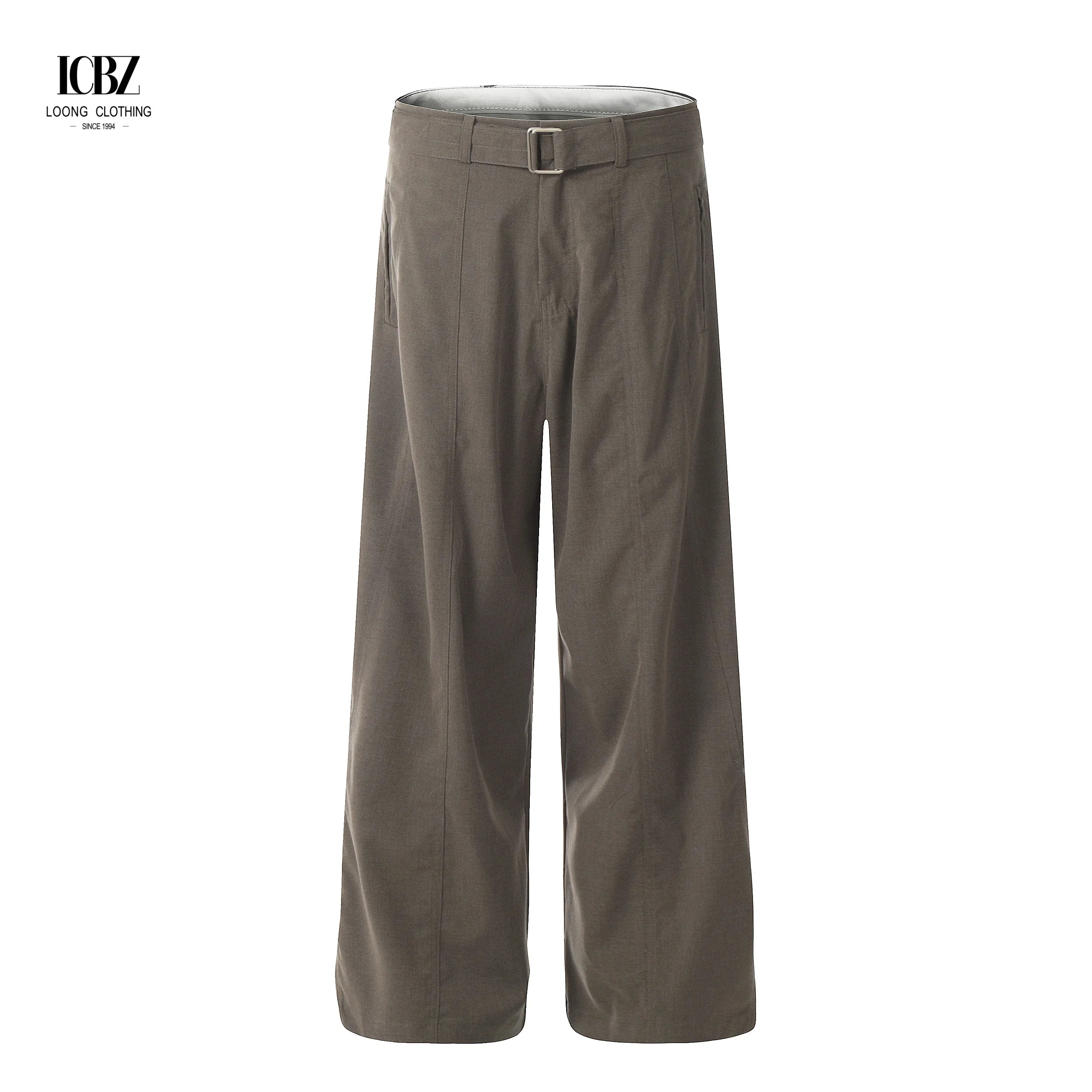 American Retro Style Men's Wide-Legged Casual Trousers Pleated Front Suit Pants Curved Belt Design Plus Size Option