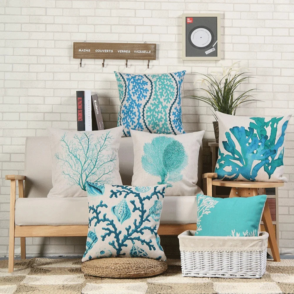 Modern Style Living Room Sofa Blue Ocean Cushion Cover Digit Print for Home Decor