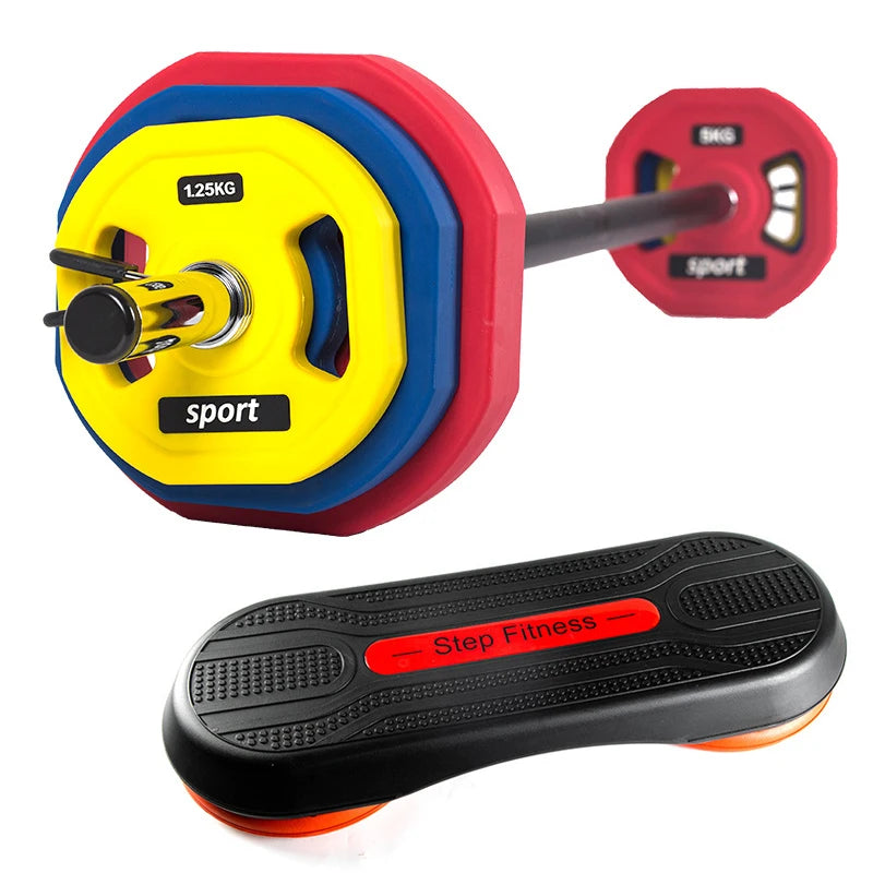 Fitness Professional PU Bumper Barbell 20kg Black Weightlifting Barbell Set With Aerobic Stepper