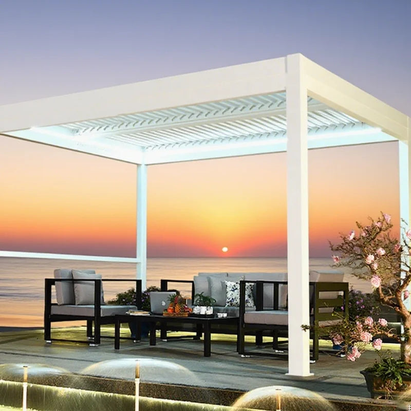 Waterproof Outdoor Garden Gazebo with LED Light Aluminum Alloy Frame Powder Coated Terrace Roof Pergola Powder Coated Shutter
