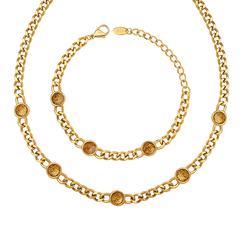 Customized Oil Dripping Mixed Glitter Powder Necklace Titanium Steel Zircon Inlay Bracelet Set for Girls' Gifts Knickel Free