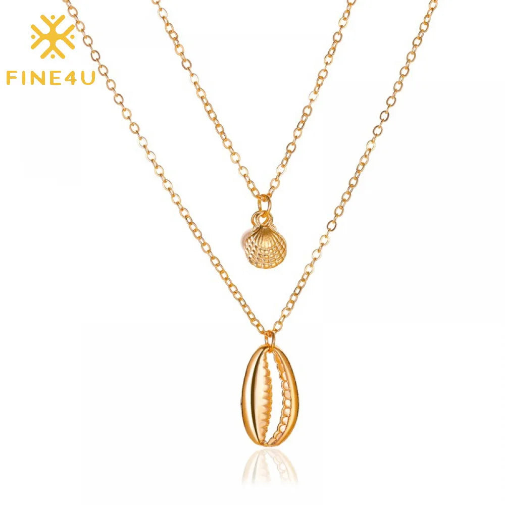 Bohemian Summer Jewelry Double Layered Gold Plated Scallop Oyster Pearl Pendant Beach Cowrie Shell Necklace