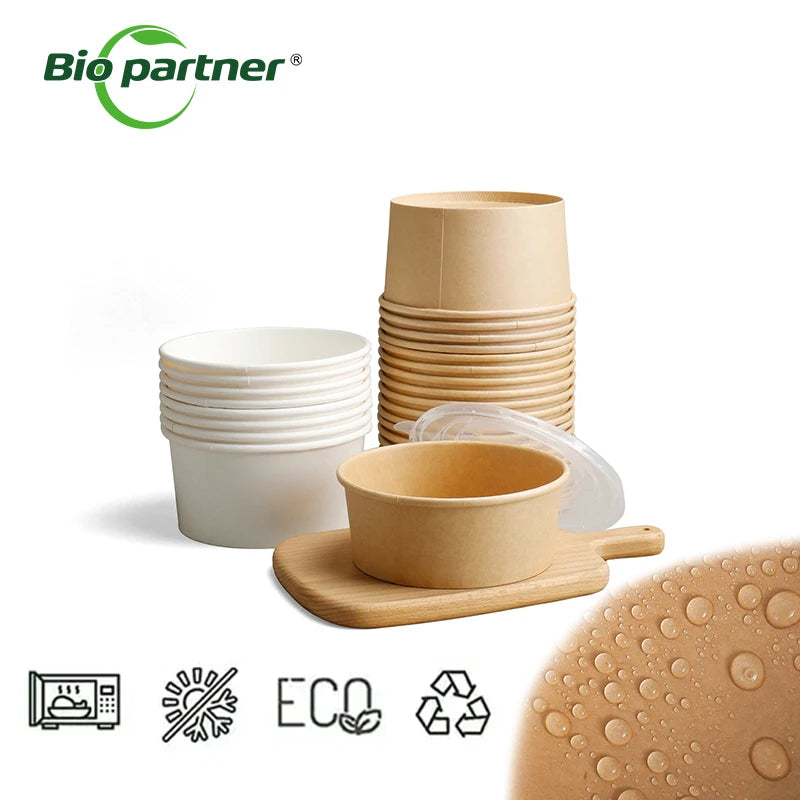 Biodegradable Rectangle Round Kraft Paper Fast Food Takeaway Salad Bowls Packaging Container With Lids
