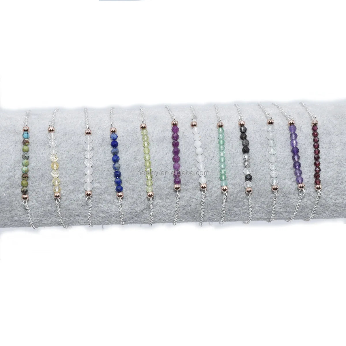 S925 Sterling Silver Rose Gold Beads Peridot Amethyst Stone Beaded Gemstone 12 Birthstone Bracelet for Women Girl