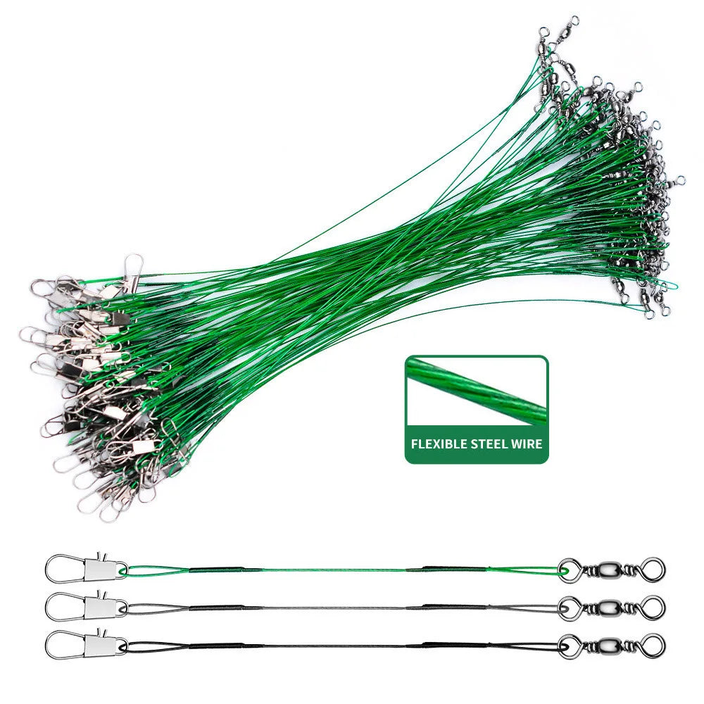 Stainless Steel Wire Leader Fishing Leash 15-35cm Tension Swivels Snap Jig Rig Floating Line Sink Tip River Use