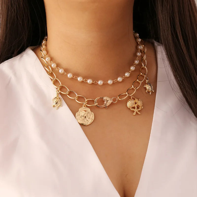 Fashion Pearl Coin Starfish Tortoise Women's Multi Layer Chain   Necklace