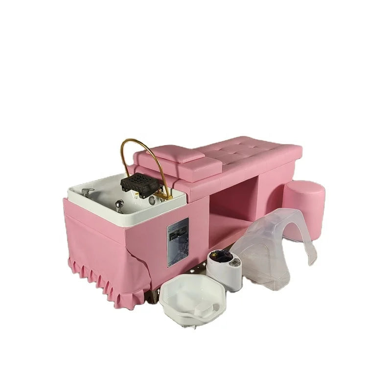Kisen Hot Sale PU Pink Leather Hair Washing Lay Down Table Shampoo Bed for Hair Beauty Salon Thai Style with Chair Stool