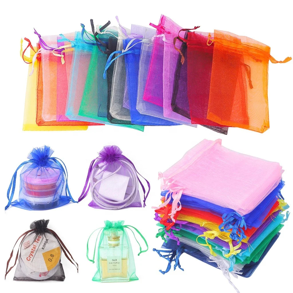 Lanwei 9*12cm Organza Pouch Drawstring Bags 21 Colors Logo Printing Hot Stamped Jewelry Packaging Gift Engagement Wedding Party