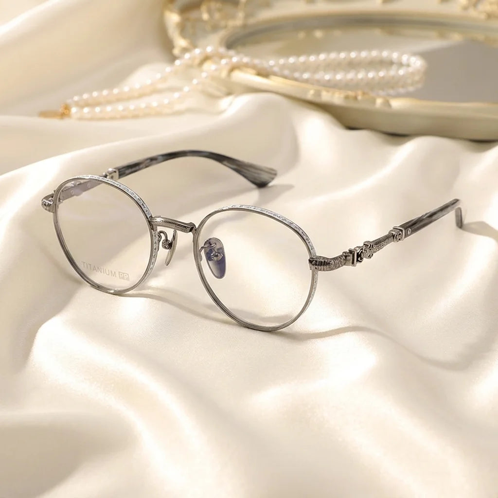 Dependableperformance Excellent Quality Women Eyewear Titanium Retro Round Frame Glasses Frame Carved Patterns with Myopia Lens