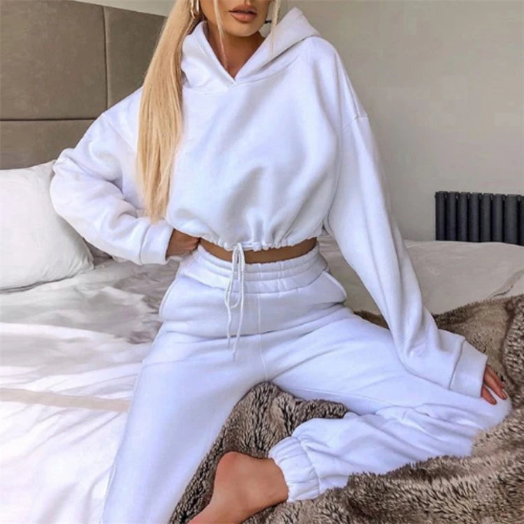 Custom Autumn and Winter Solid Color Drawstring Long-sleeved Hoodie Sweatpants Set Women's Clothing Commuting Leisure Suit