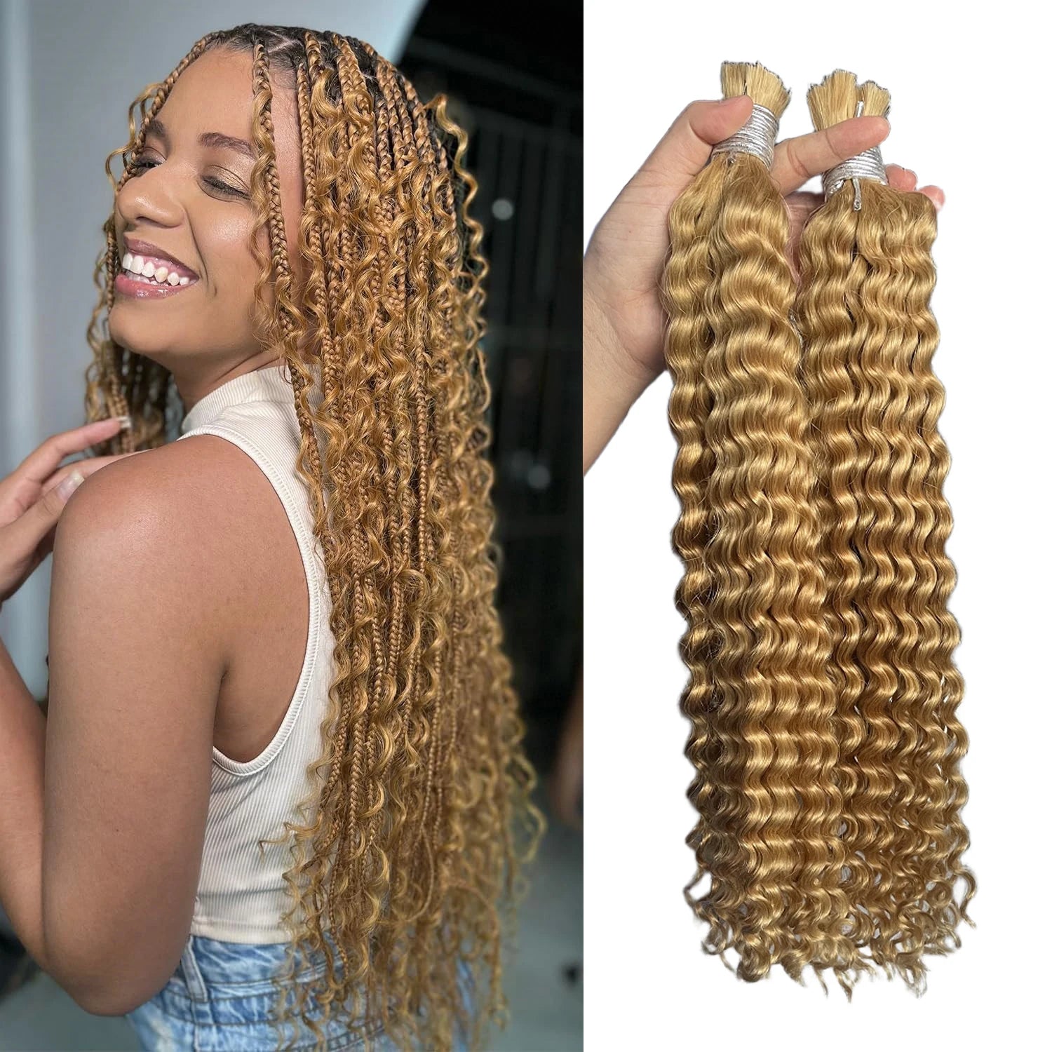 Wholesale 12a Virgin Curly Human Hair for Boho Knotless Braids #27 Honey Blonde Extensions Bulk Human Boho Hair for Braiding