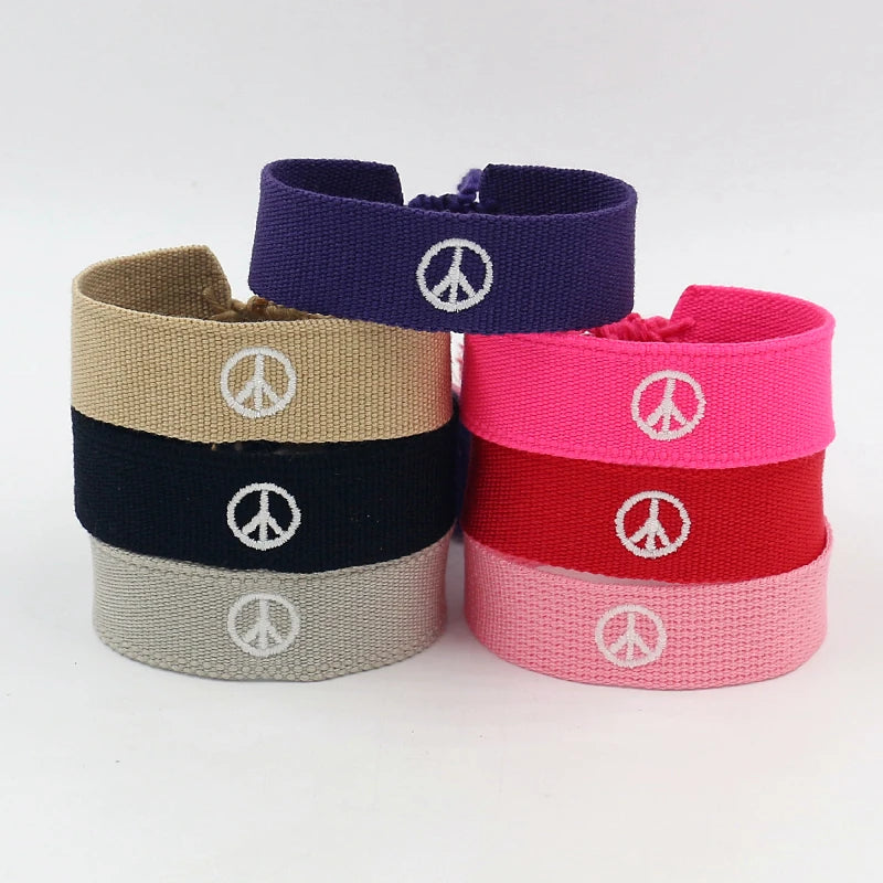 Polyester Fabric Webbing Embroidery PEACE Logo Woven Tassel Friendship Bracelet for Men Women