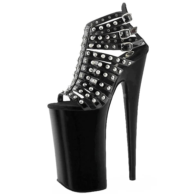 Black Stiletto ultra High Heel 8-inch Rivet Punk Leaky Toe High Heels Model Walk Show Pole Dance Summer Sandals