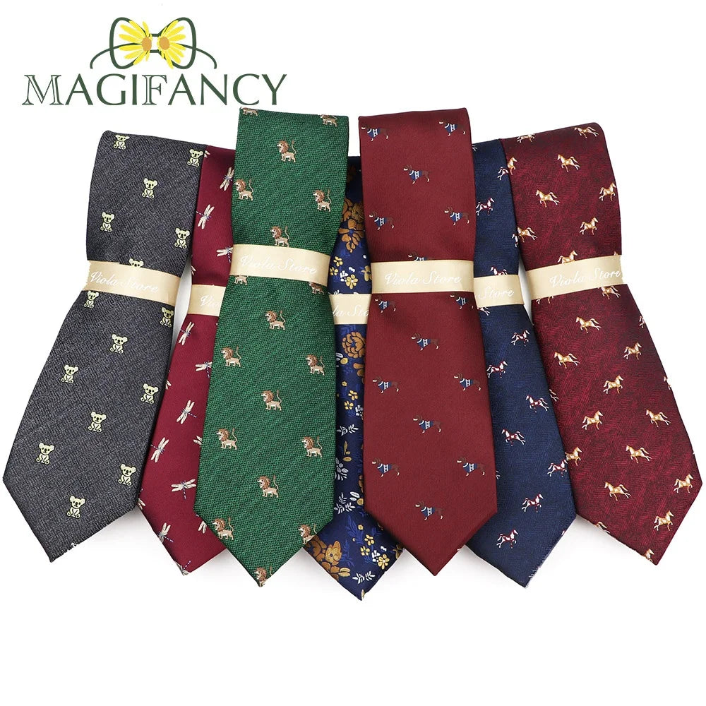 Lion Horse Koala Dog Dragonfly Cute Animal Cartoon 8cm Polyester Necktie Red Navy Suit Tie Tuxedo Cravat Gift Men Accessory Top