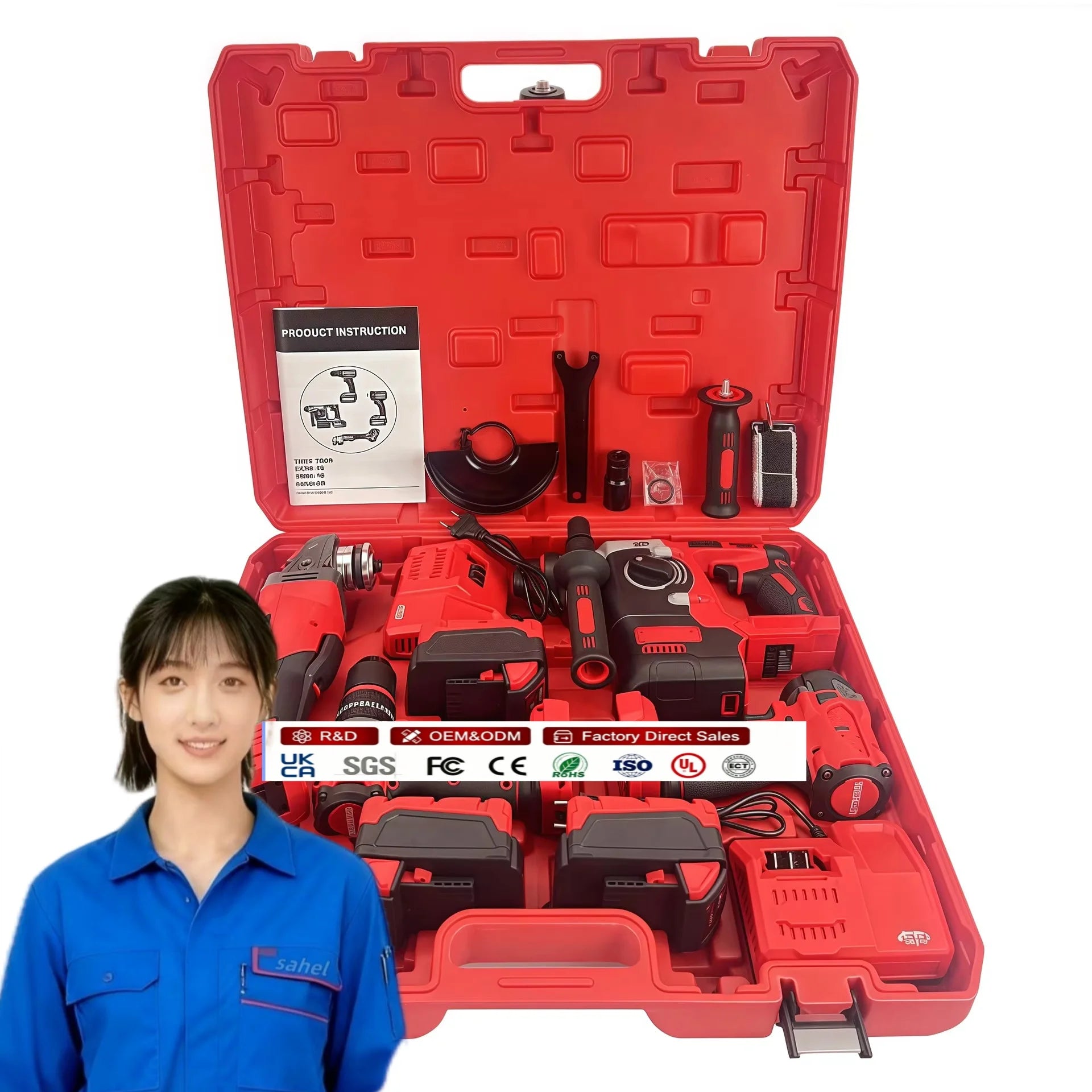 MWQ 88W 21V Cordless Power Tool 4-Piece Set Electric Hammer+Drill+Angle Grinder+Wrench Rechargeable Battery Hard Case