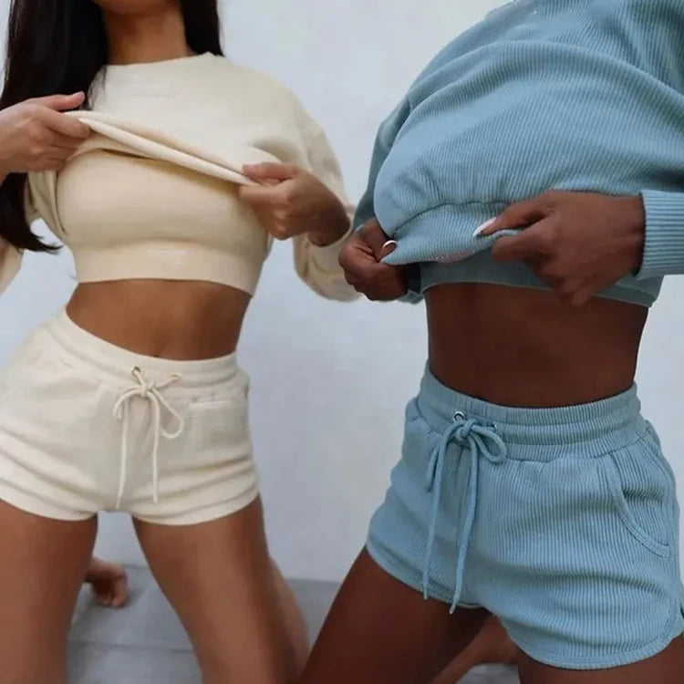 Custom Logo 2 Piece Short Tracksuit Women Streetwear Ribbed Two Piece Cropped Sweatshirt and Shorts Set