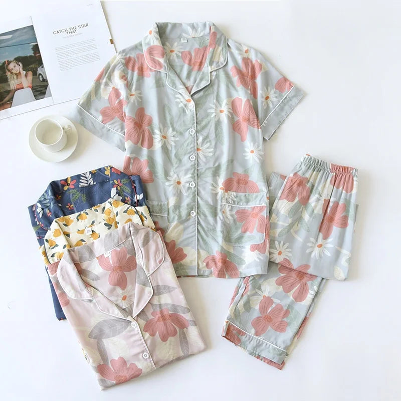 Korean Floral Printed Viscose Pajama Summer Cool Sleeping Wear Ladies Short Pajamas Set