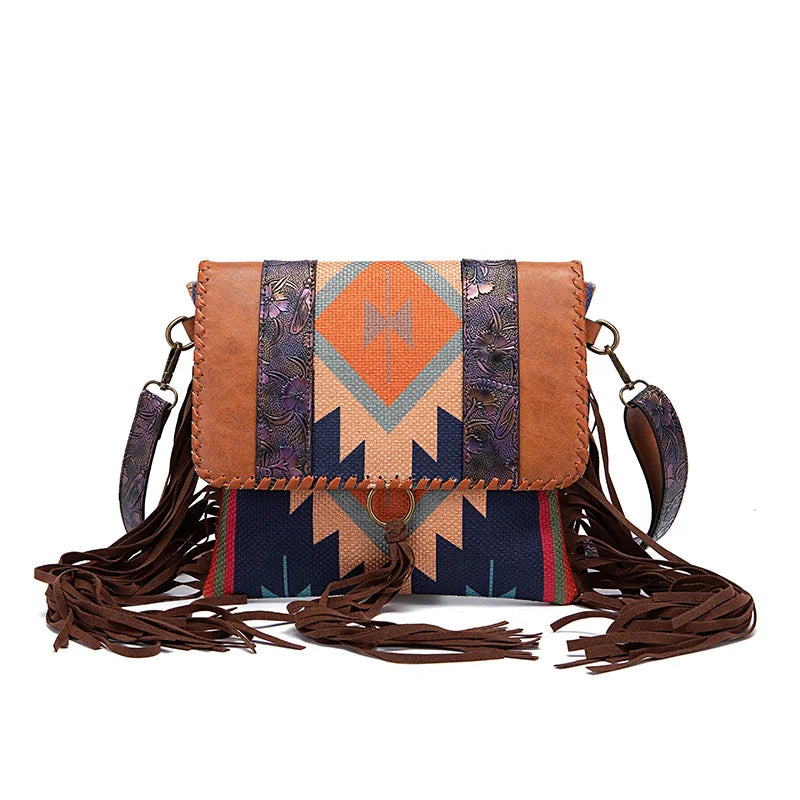 New Bohemian Ethnic Geometric Pattern Cotton Canvas Linen Tassel Shoulder Crossbody Bag for Ladies Retro Carry Fringe Purse
