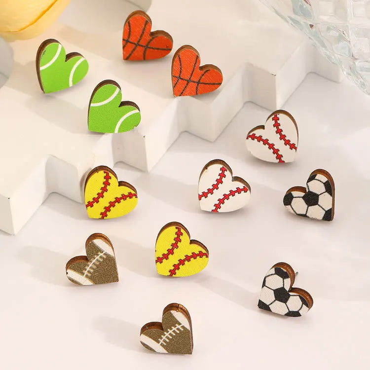 Fashion Lightweight Ball Games Wooden Heart Earrings Cute Heart Shaped Basketball Volleyball Baseball Stud Earrings for Girls