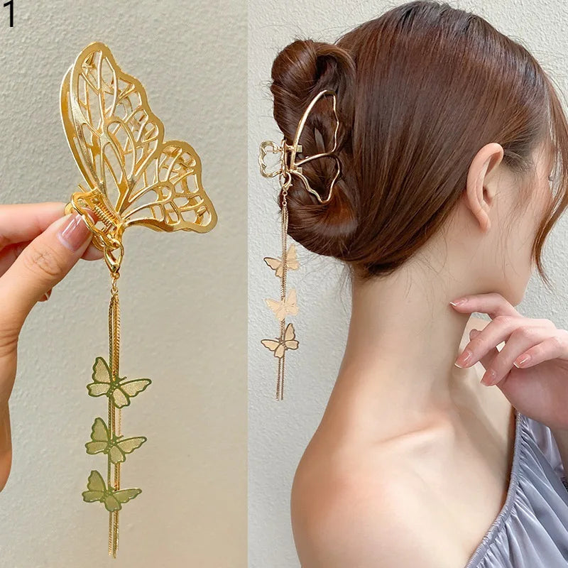 Trendy Elegant Golden Hollow Geometric Metal Hair Claws Retro Butterfly Chain Tassel Hairpin Headband Hair Accessories