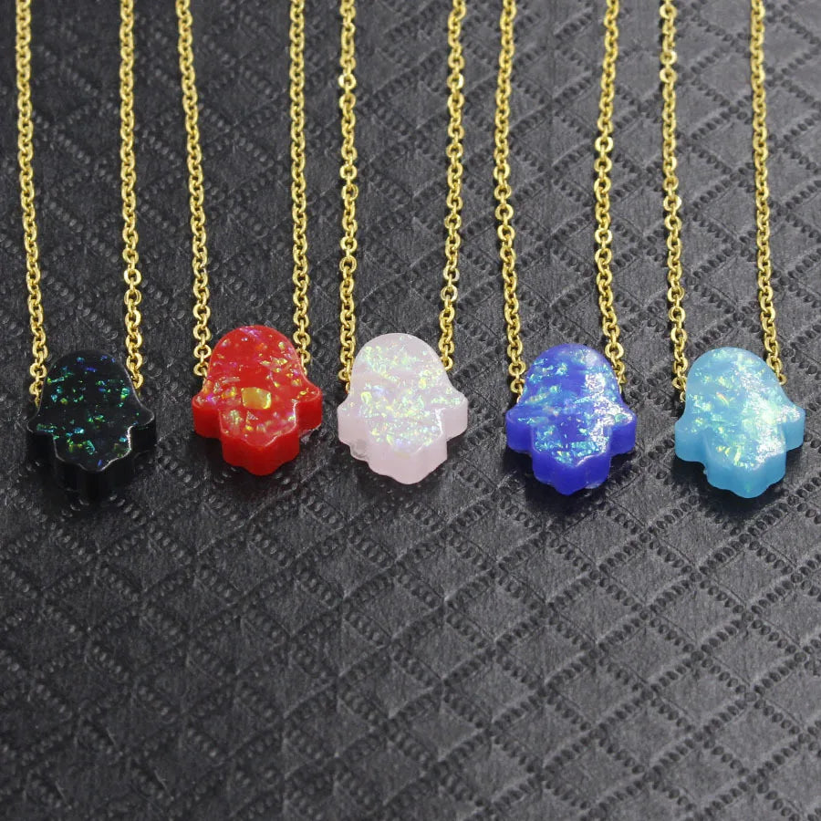 Wholesale Fashion Stainless Steel Gold Plated Colorful Opal Fatima Hamsa Hand Pendant Necklace for Women