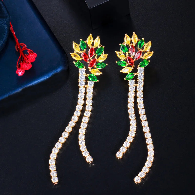 Shiny Long Drop Dangling Multi Color Cubic Zirconia Stones 18k Gold Plated Earrings for Wedding Bridal Costume Jewelry