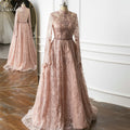 Ruolai LWC8051 Luxury Elegant High Neck Muslim Beaded Lace Blush Pink Long Sleeves Dinner Party Gowns