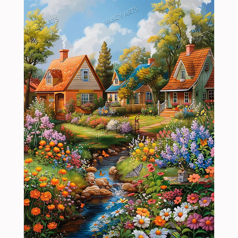 VANCY ARTS Premium DIY 5D Full Drill Diamond Painting Kit Exquisite Village Scene with Flower Arts & Crafts for Home Decoration