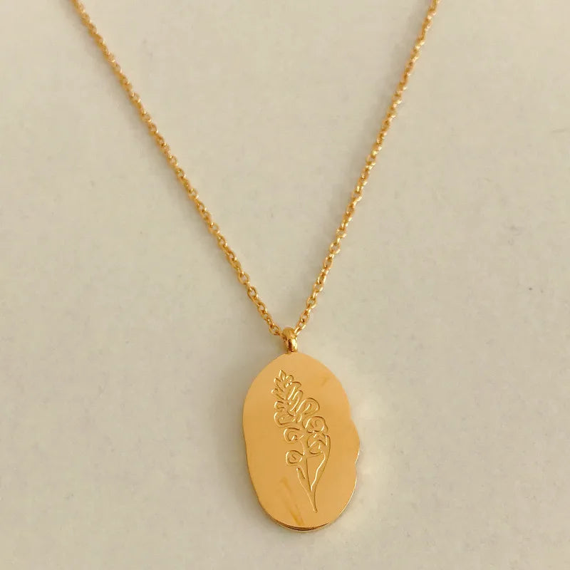 Joyas Wholesale 18k Gold Plated Oval Shape Custom Month Engraving Letter Stainless Steel Flower Pendent Necklace